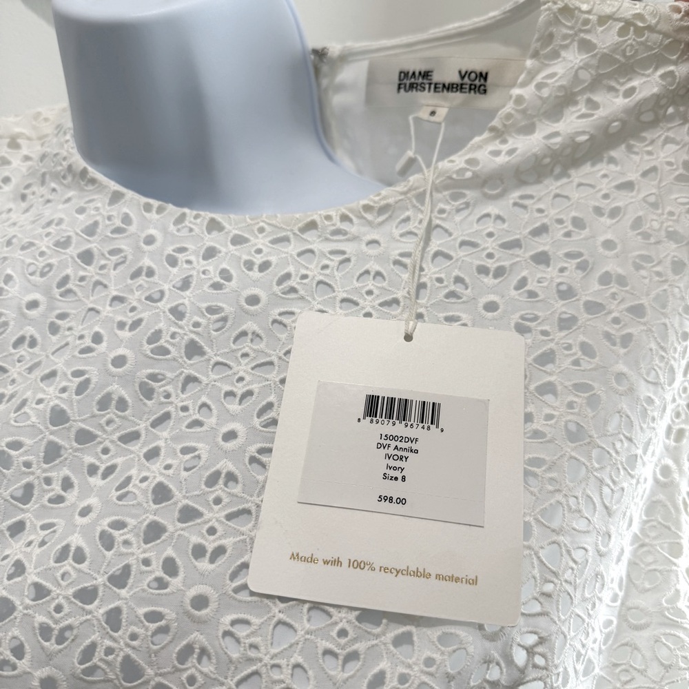 NWT DIANE VON FURSTENBERG Sz8 ANNIKA TIERED EYELET MESH SHORT SLEEVE DRESS IVORY - Picture 6 of 10
